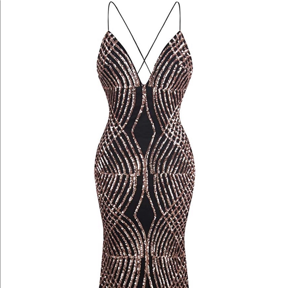 Long spaghetti Strap Black & Rose Gold Ball Gown